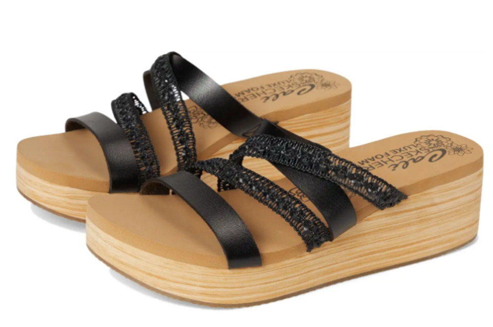 Skechers Womens Summers Wedge Sandals Size 8.5 EU 38.5 Black Slip On NIB